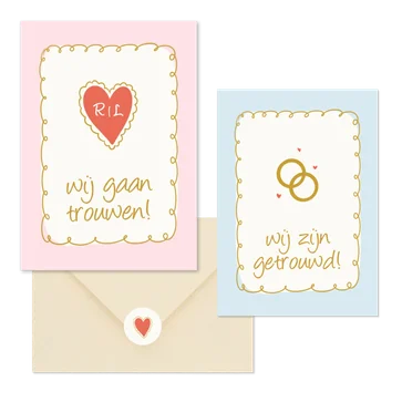 Vrolijke trouwkaartenset met doodle illustraties